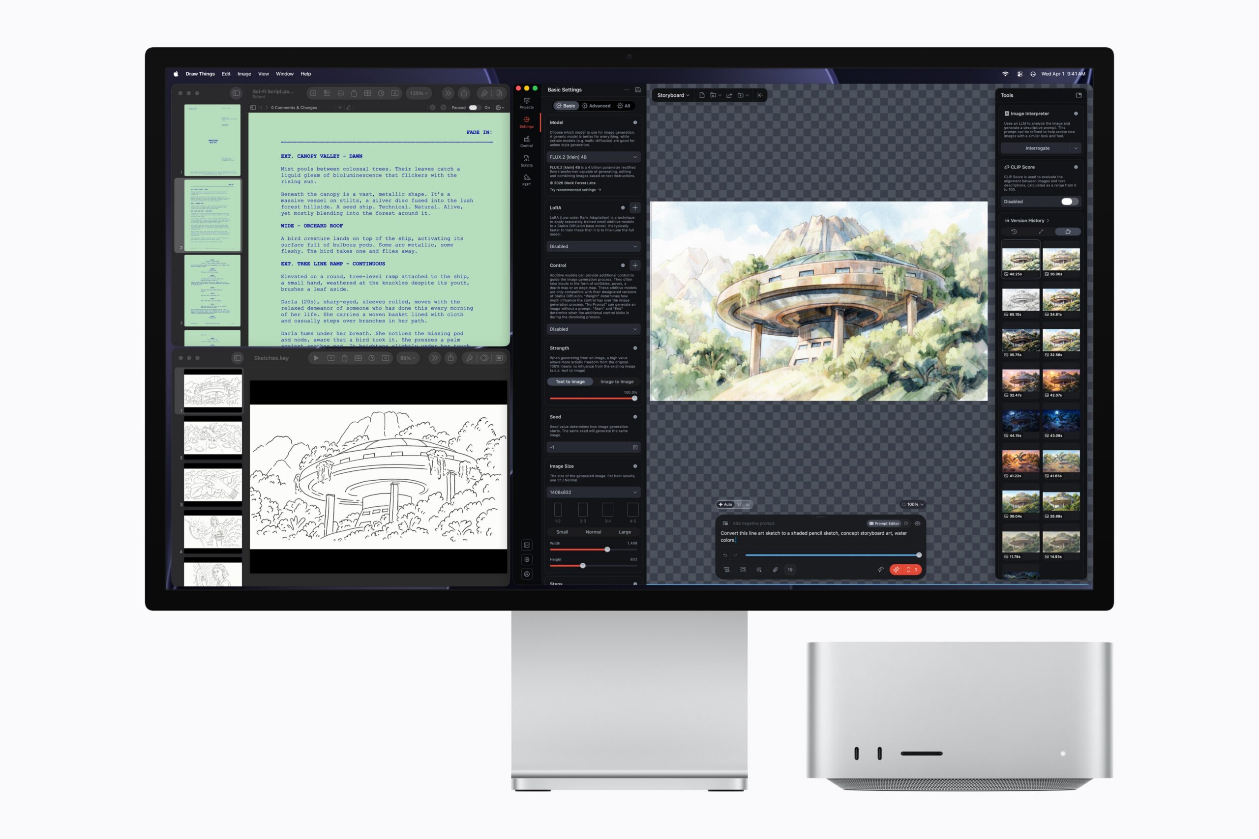 Mac Studio M5 Max·M5 Ultra에서 Draw Things를 실행하는 작업 화면