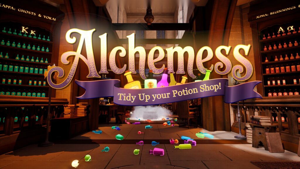 촛불이 켜진 포션 상점과 바닥에 흩어진 병을 보여주는 Alchemess 공식 키 아트