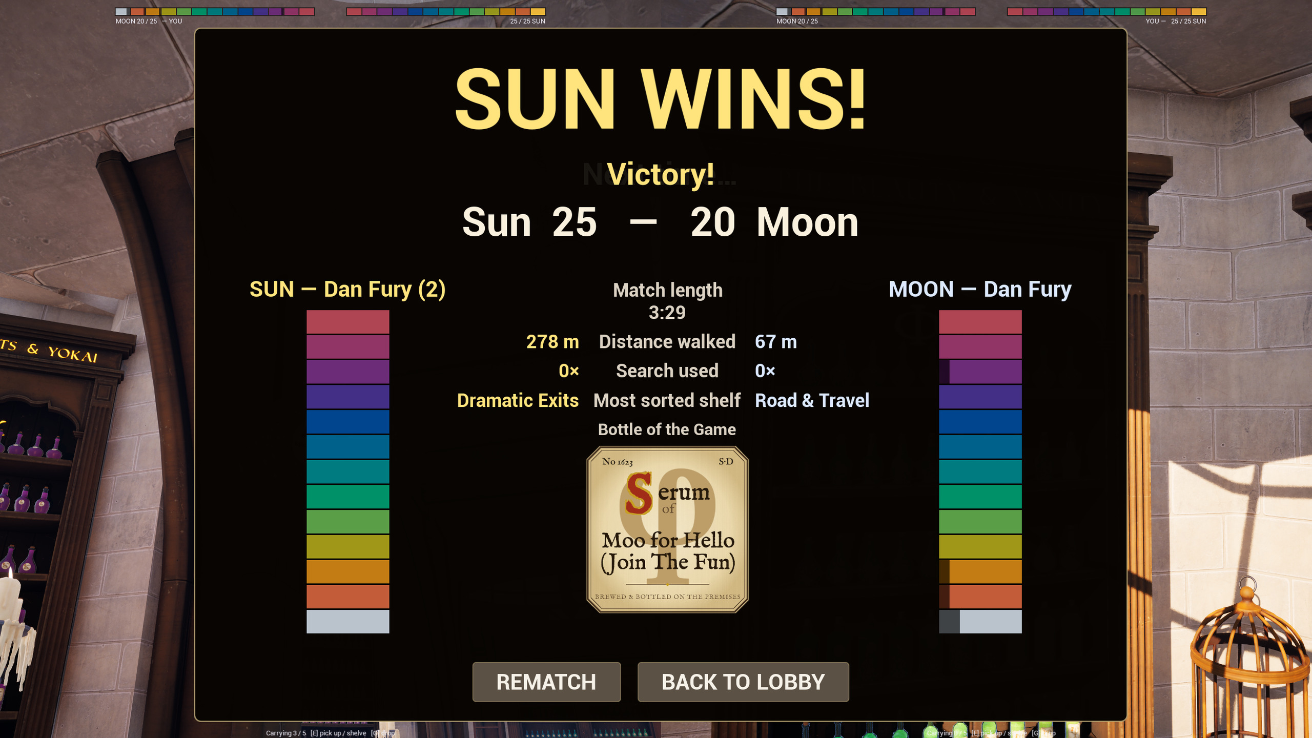 Alchemess Sun vs Moon 대전 결과 보드를 보여주는 공식 게임 화면