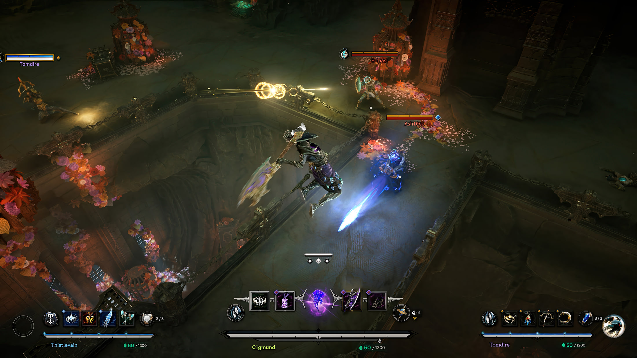 알케론 공식 Press Kit에서 Relic Ability와 전투 HUD를 보여 주는 Gameplay 화면