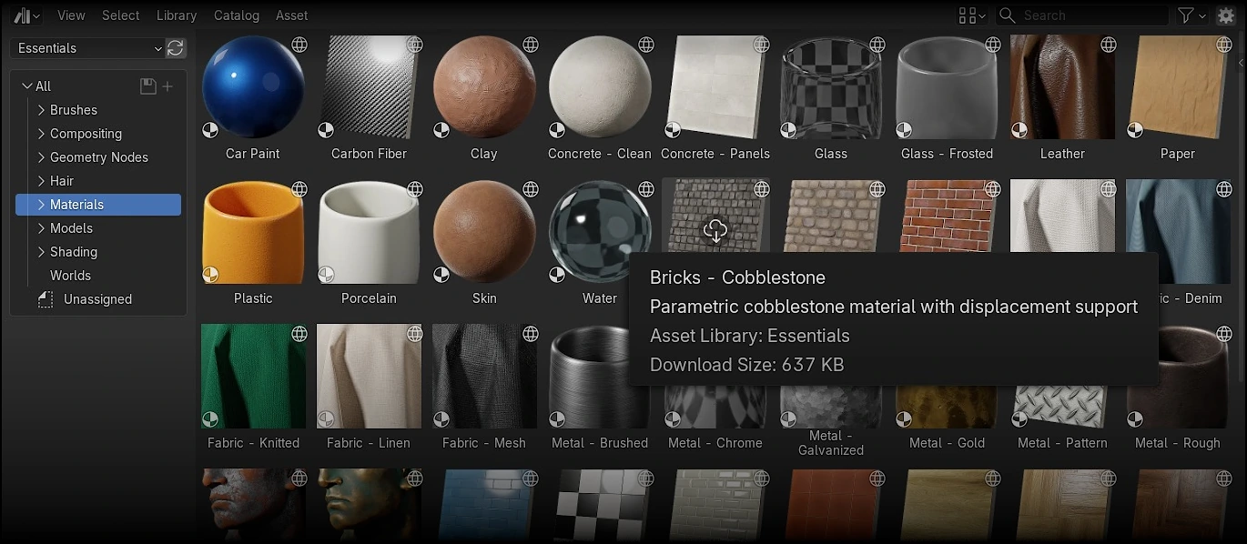 Blender 5.2 Asset Browser의 Online Essentials 화면