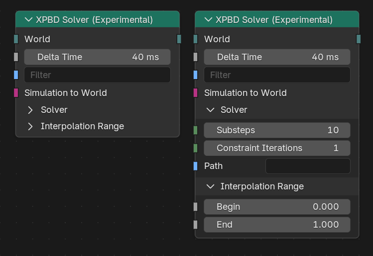 Blender 5.2 Geometry Nodes의 XPBD 물리 노드 화면