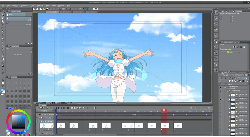CLIP STUDIO PAINT EX의 애니메이션 타임라인과 셀 편집 화면