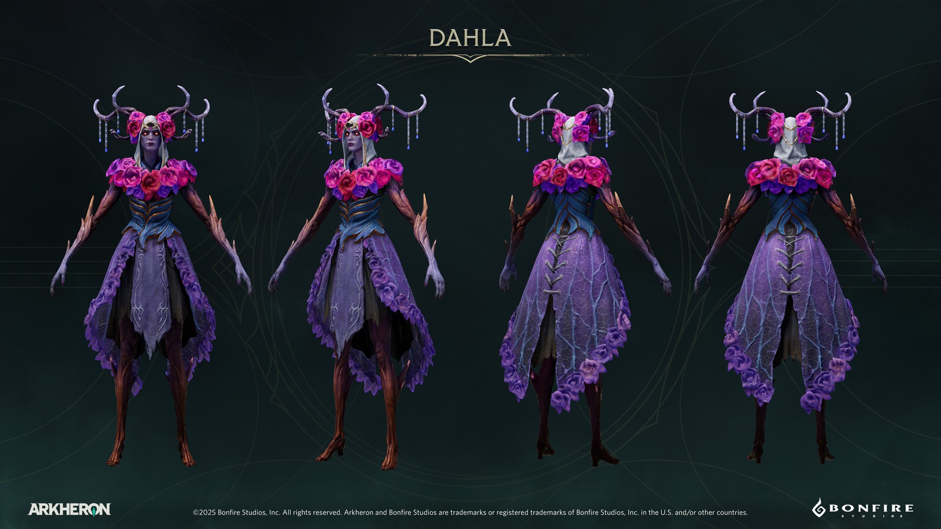 알케론 달라의 의상과 실루엣을 앞뒤에서 보여 주는 공식 Character Turnaround