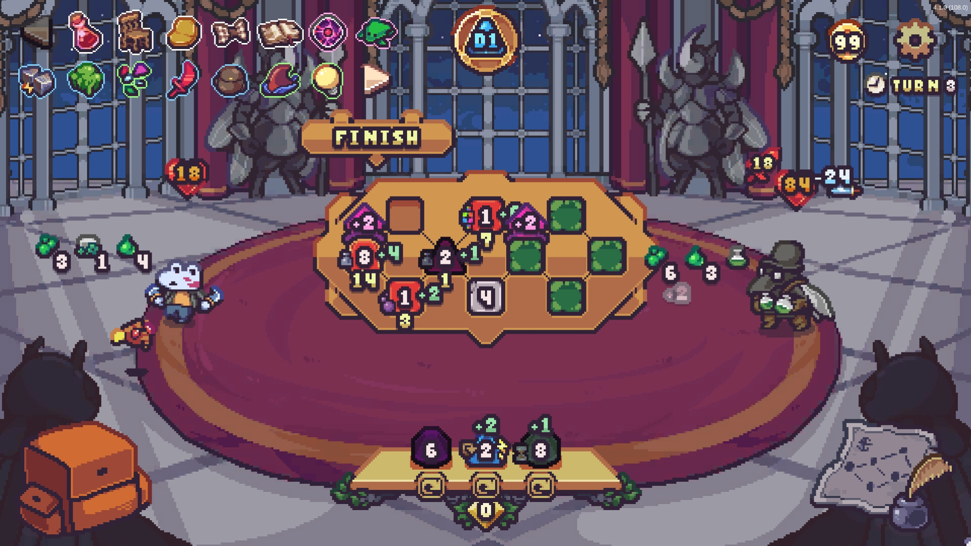 Die in the Dungeon의 원형 전투 보드와 주사위가 보이는 공식 PC판 화면