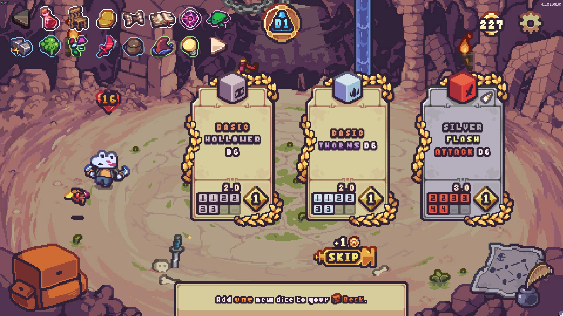 Die in the Dungeon에서 여러 효과 설명을 비교하는 공식 PC판 게임 화면