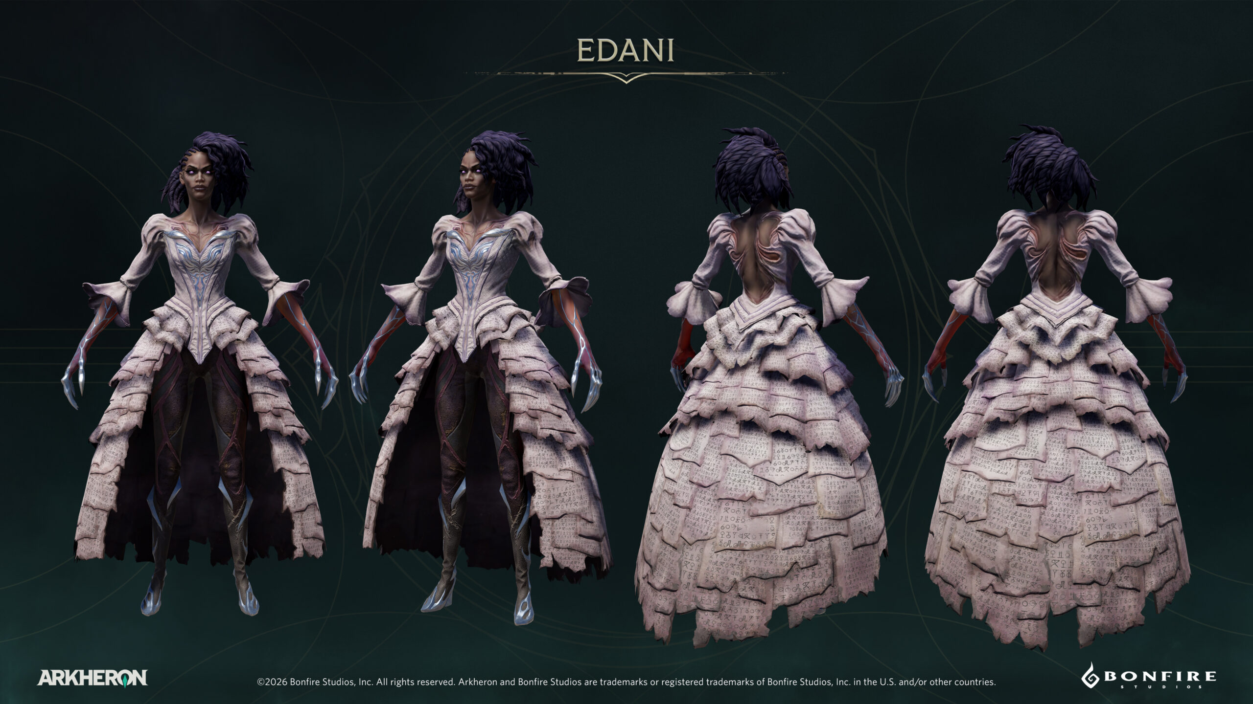 알케론 에다니의 전후면 의상과 실루엣을 보여 주는 공식 Character Turnaround