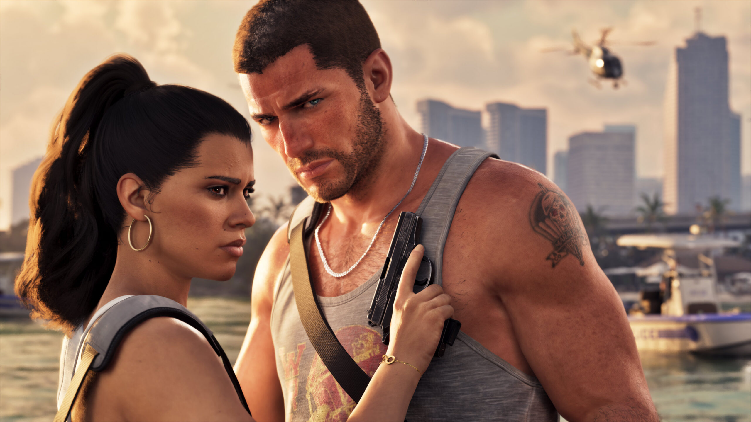 Grand Theft Auto VI의 주인공 Jason과 Lucia가 함께 서 있는 Rockstar Games 공식 Screenshot