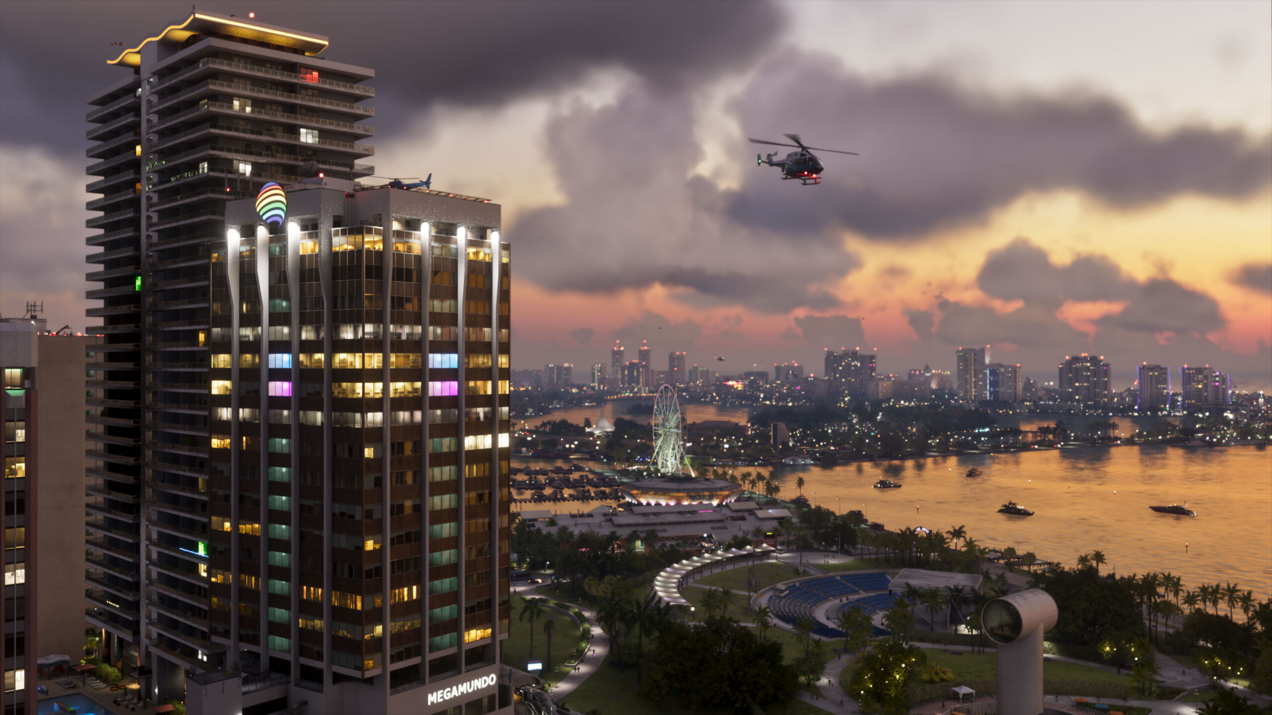 Grand Theft Auto VI의 Vice City 거리와 건물이 보이는 Rockstar Games 공식 Screenshot