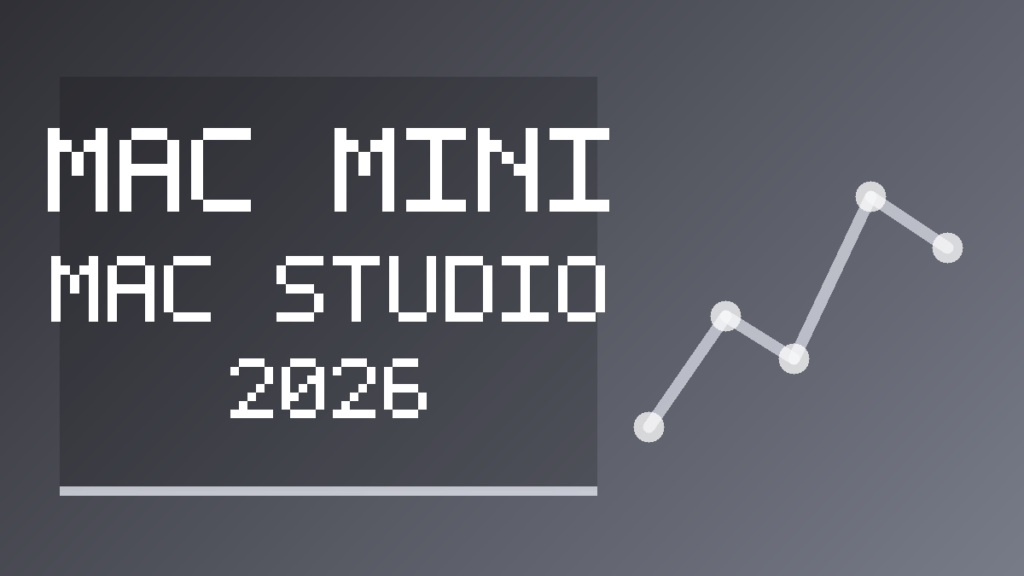 Mac mini와 Mac Studio의 2026년 모델 구성을 추상 도형과 글자로 정리한 정보 카드