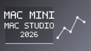 Mac mini와 Mac Studio의 2026년 모델 구성을 추상 도형과 글자로 정리한 정보 카드