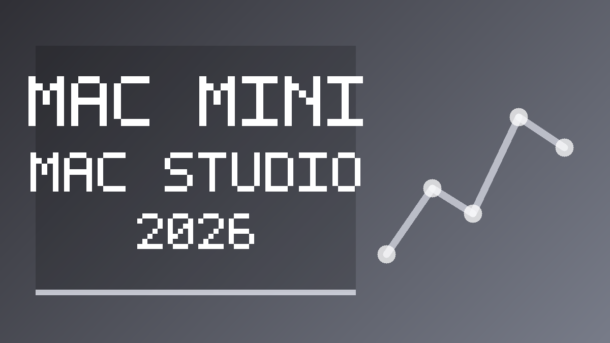 Mac mini와 Mac Studio의 2026년 모델 구성을 추상 도형과 글자로 정리한 정보 카드