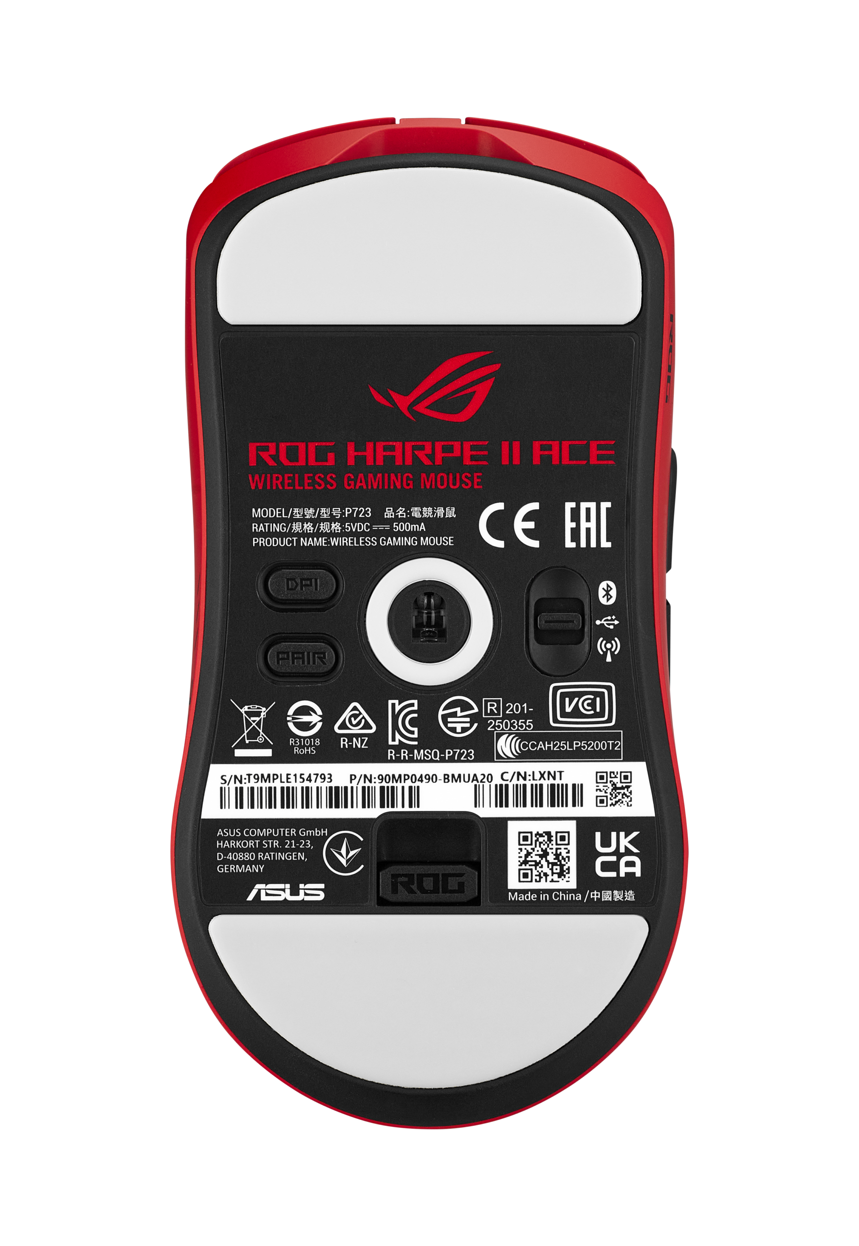 ROG Harpe II Ace Lava Red 센서·연결 전환부와 PTFE 피트