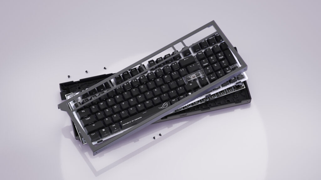 ROG Strix Morph 96 Wireless의 상단 케이스와 내부 층을 분리한 모듈러 구조