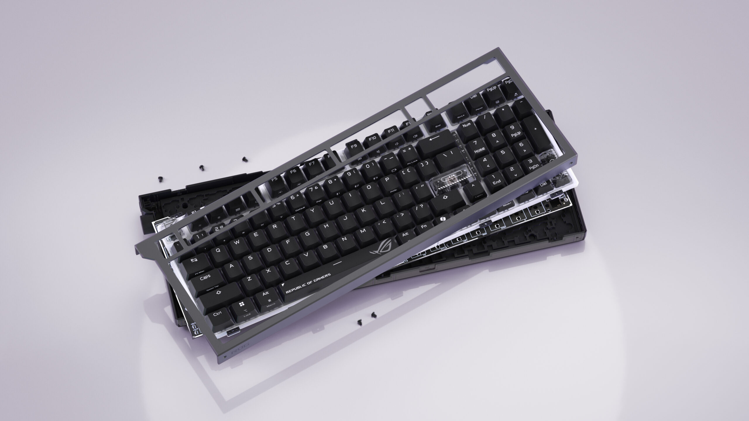 ROG Strix Morph 96 Wireless의 상단 케이스와 내부 층을 분리한 모듈러 구조