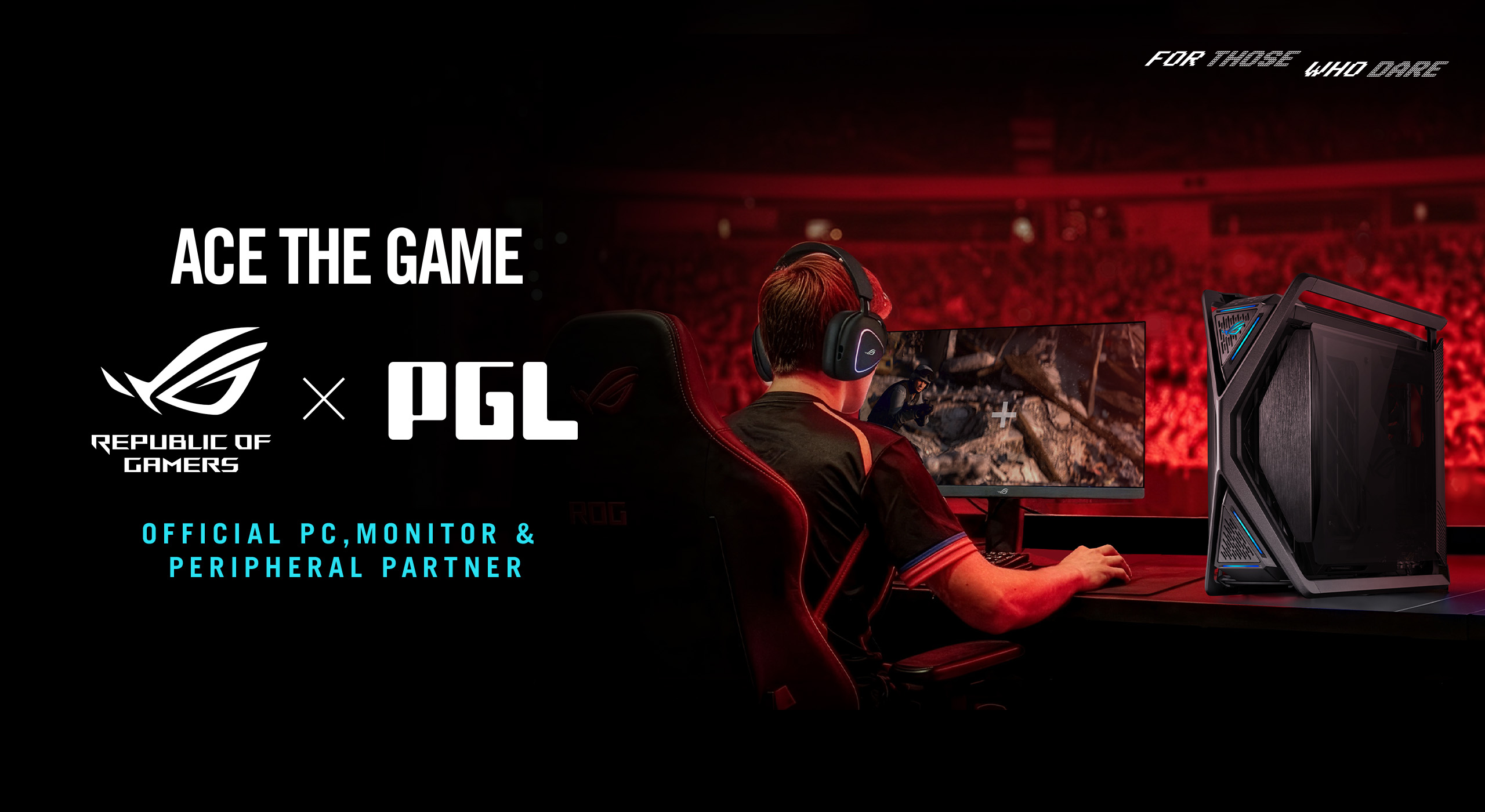 ROG와 PGL 파트너십 안내 이미지의 선수와 게이밍 PC, 모니터, 키보드