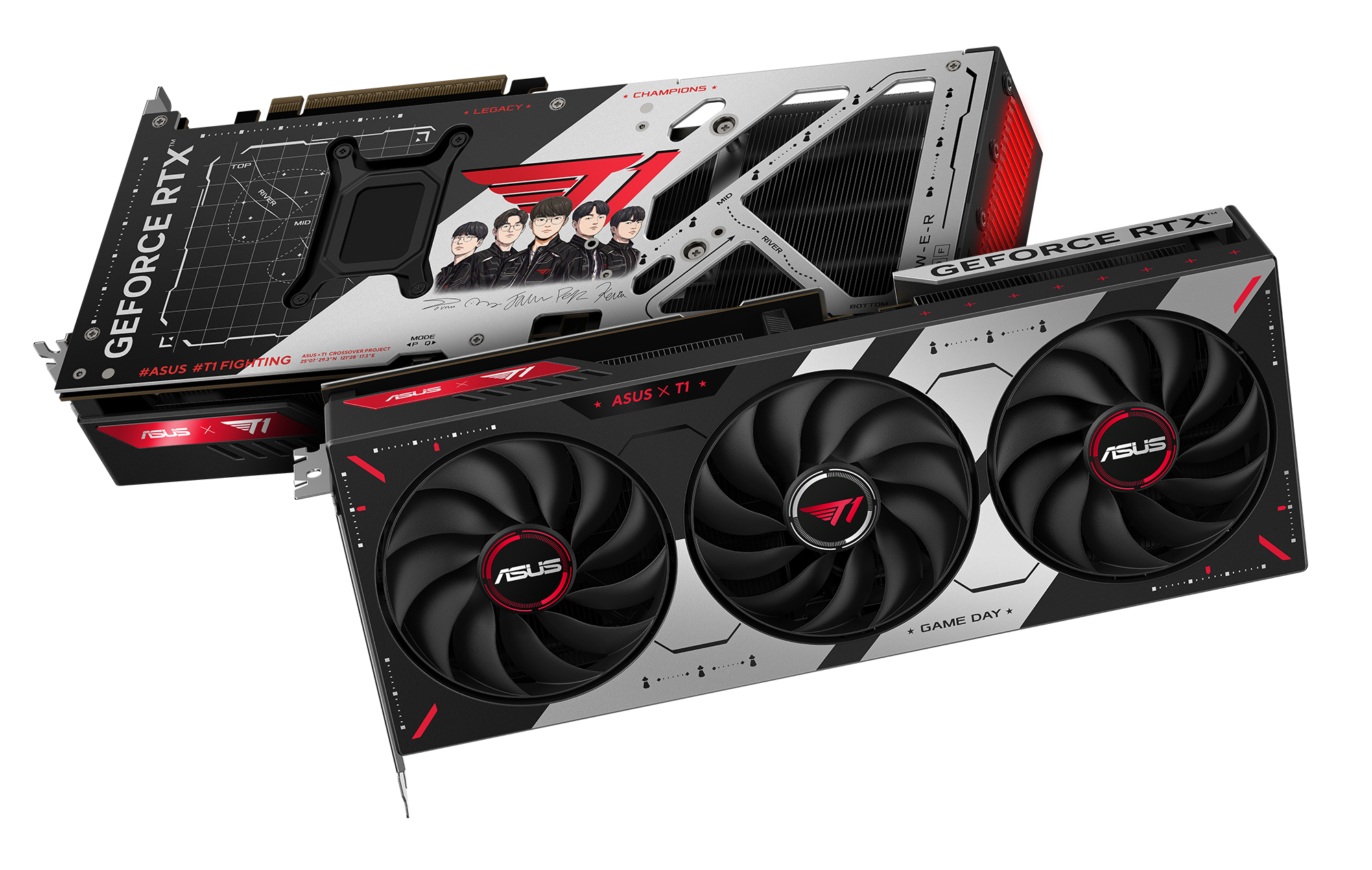 검정 흰색 빨강 디자인의 ASUS T1 GeForce RTX 5070 제품 전면