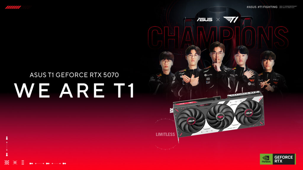 T1 선수 이미지와 로고가 적용된 ASUS T1 GeForce RTX 5070 그래픽카드