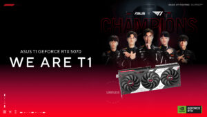 T1 선수 이미지와 로고가 적용된 ASUS T1 GeForce RTX 5070 그래픽카드