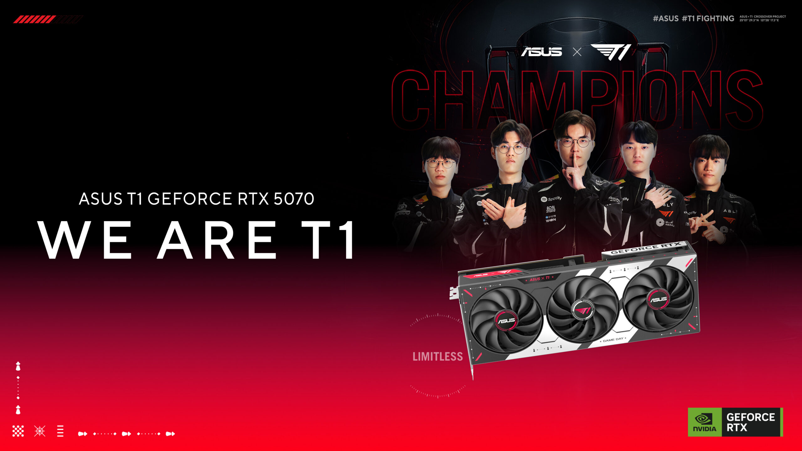 T1 선수 이미지와 로고가 적용된 ASUS T1 GeForce RTX 5070 그래픽카드