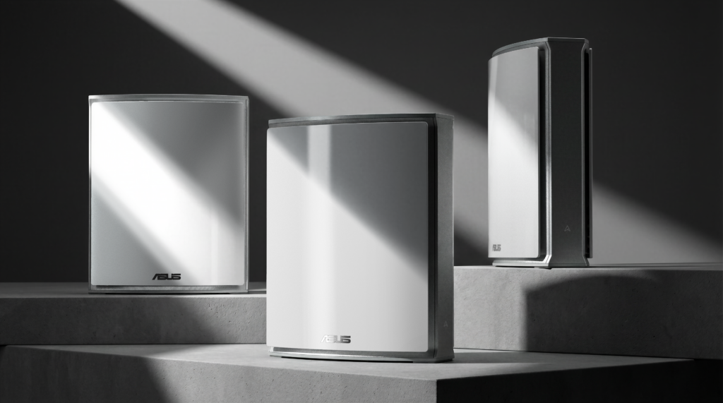 흰색 본체와 금속빛 상단을 갖춘 ASUS ZenWiFi BN12 WiFi 8 메시 공유기