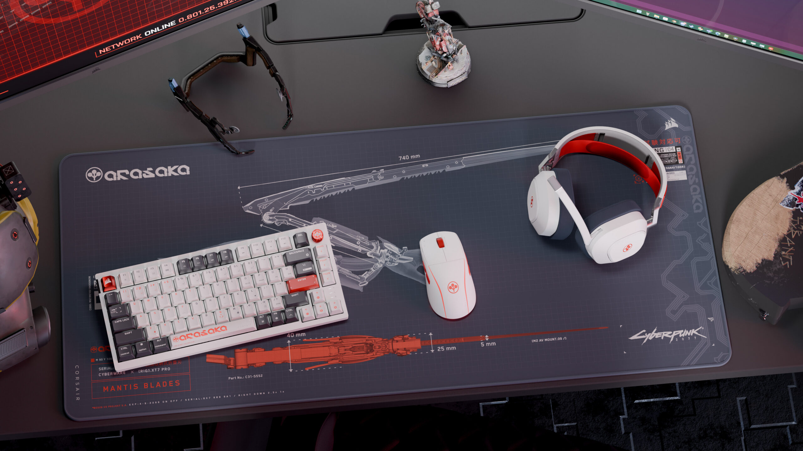 흰색과 빨간색 디자인의 CORSAIR Cyberpunk 2077 Arasaka White 키보드·마우스·헤드셋·마우스패드