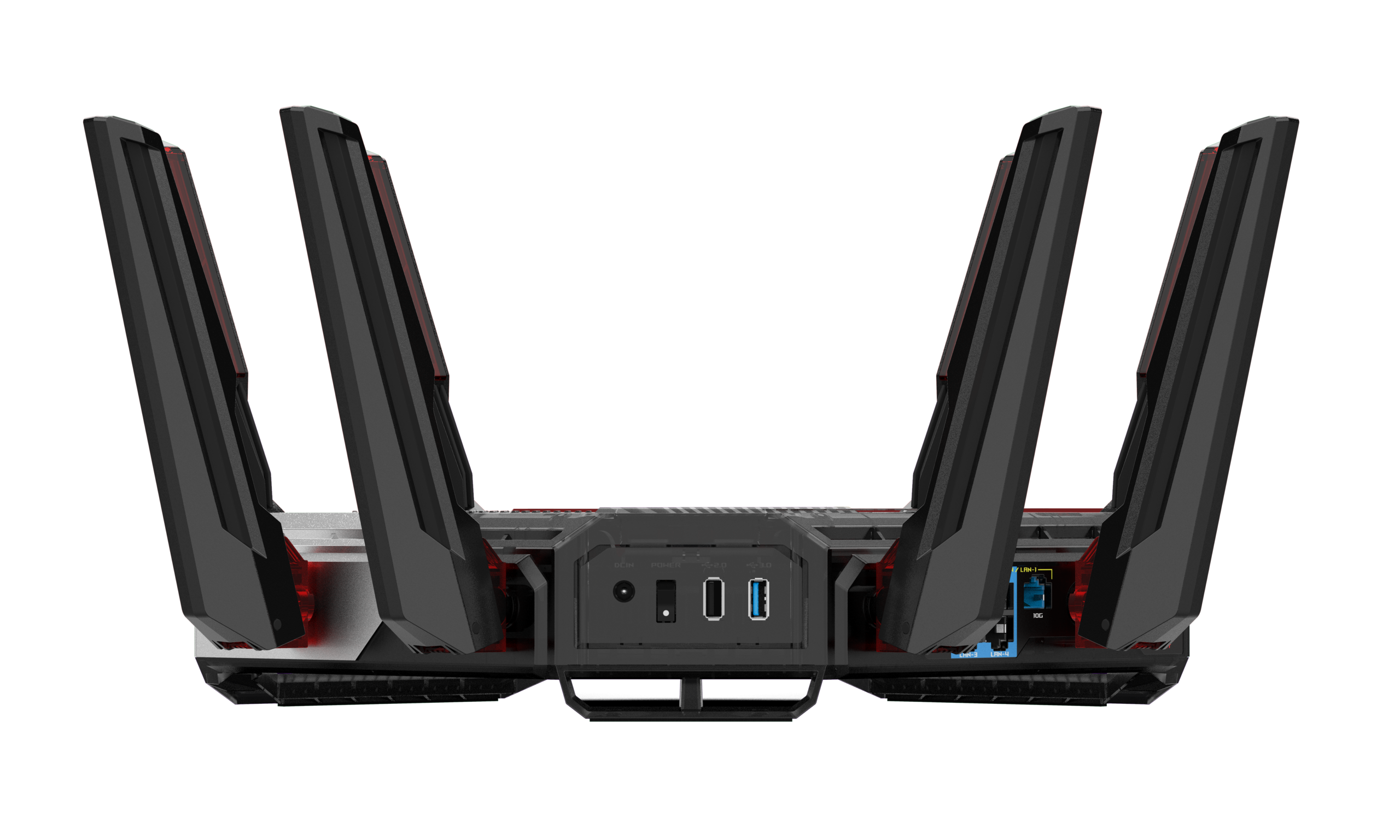 ROG Rapture GT-BN98의 받침과 측면 안테나, 후면 단자