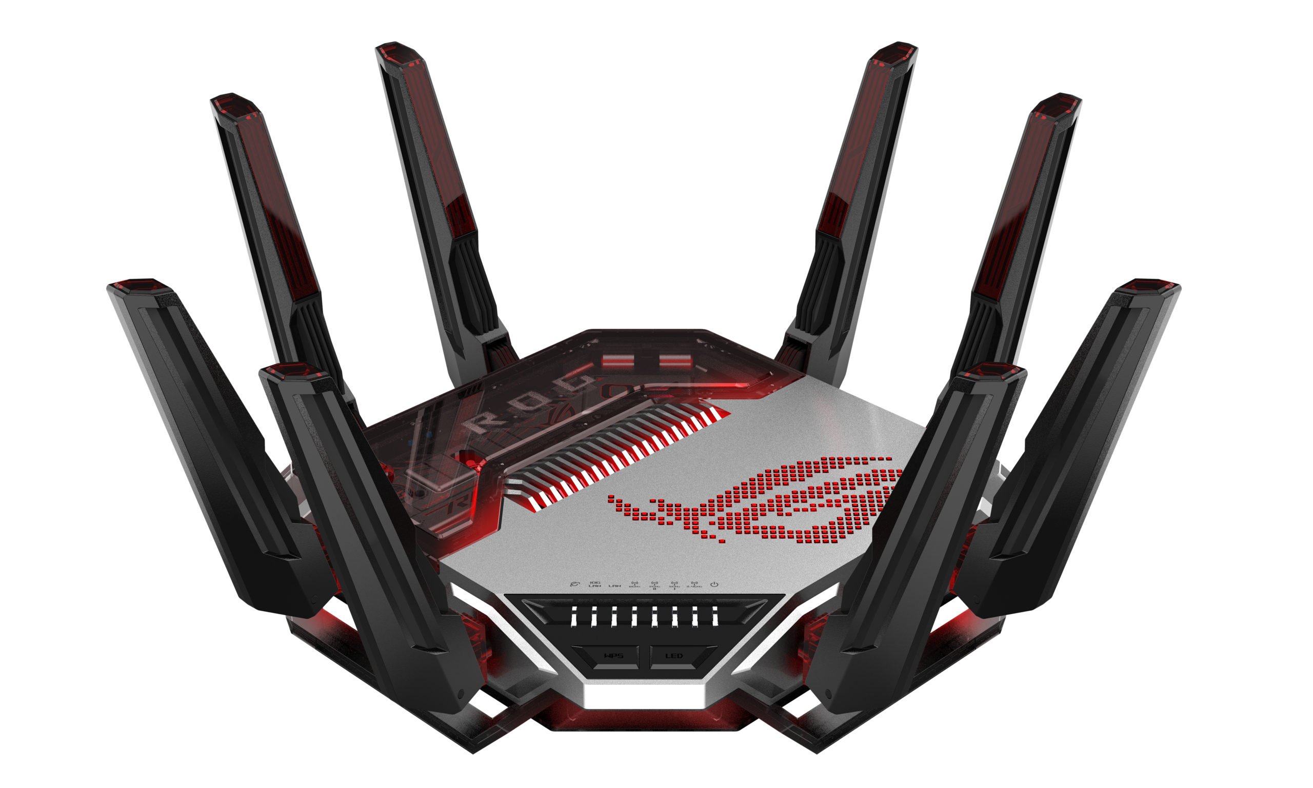 ROG Rapture GT-BN98의 정면과 여덟 안테나, 전면 버튼