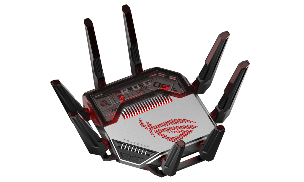 여덟 안테나가 펼쳐진 ROG Rapture GT-BN98의 사선 전면