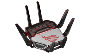 여덟 안테나가 펼쳐진 ROG Rapture GT-BN98의 사선 전면