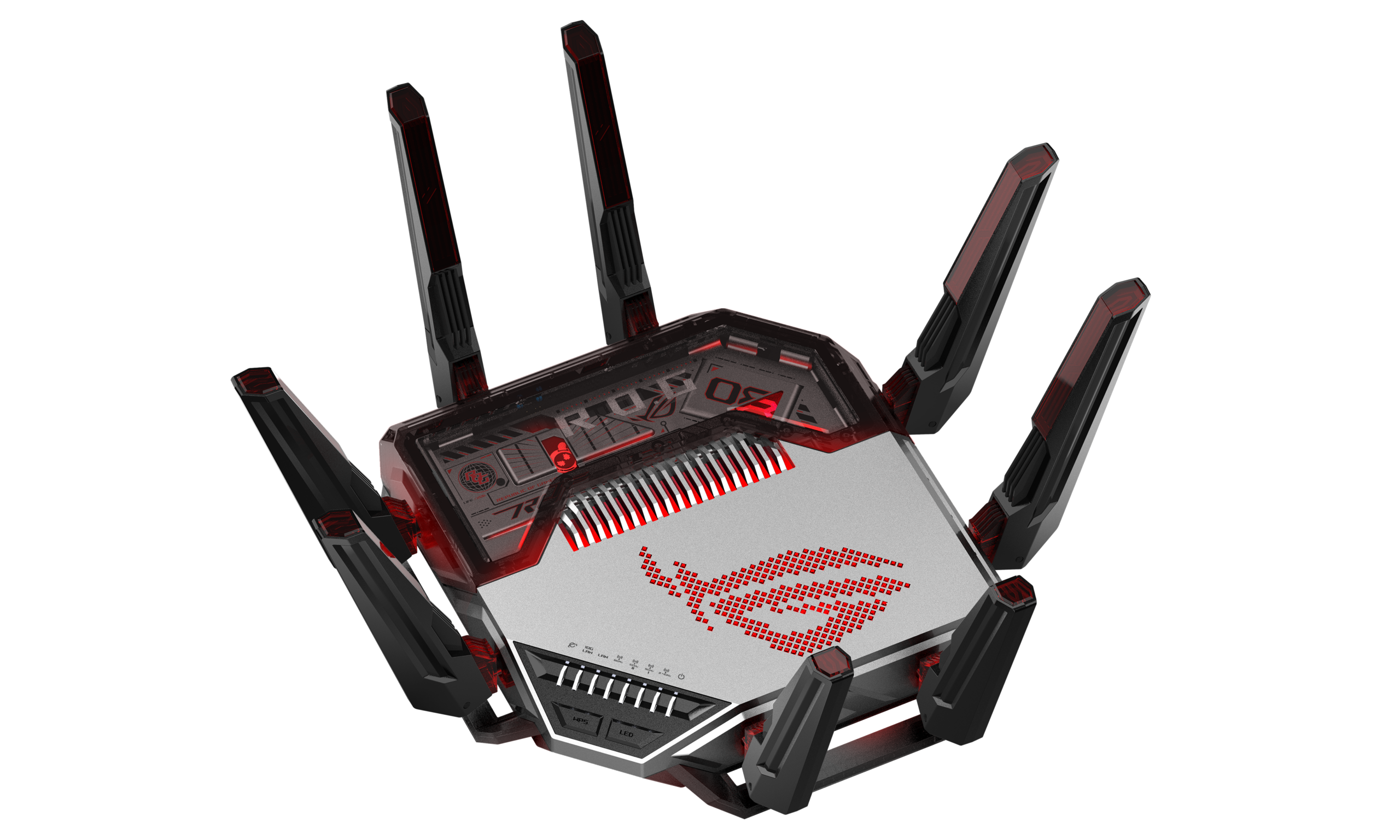 여덟 안테나가 펼쳐진 ROG Rapture GT-BN98의 사선 전면