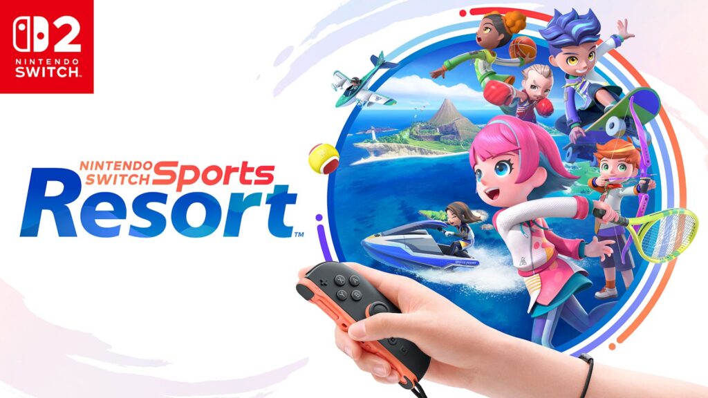 Nintendo Switch Sports Resort 로고와 12종 스포츠 캐릭터, Joy-Con 2