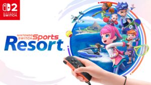 Nintendo Switch Sports Resort 로고와 12종 스포츠 캐릭터, Joy-Con 2