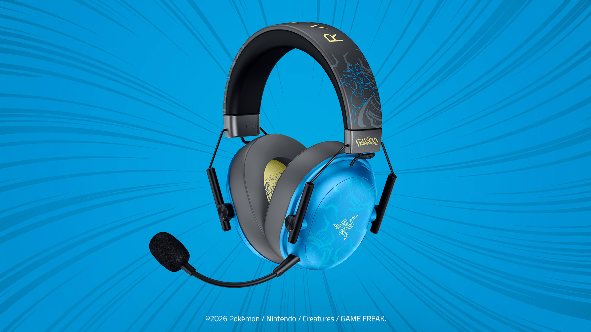 파란색 이어컵과 루카리오 그래픽을 적용한 Razer BlackShark V3 X HyperSpeed 헤드셋