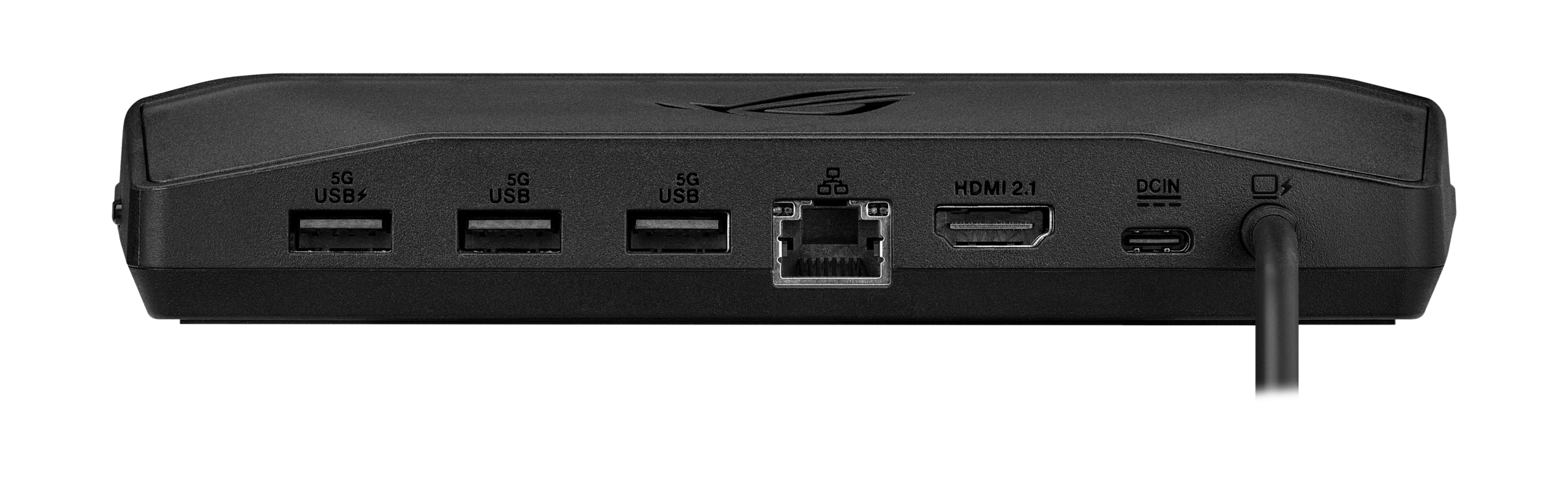 ROG Bulwark Dock DG310 후면의 USB-A 3개, 유선 랜, HDMI 2.1, USB-C 전원 입력 포트