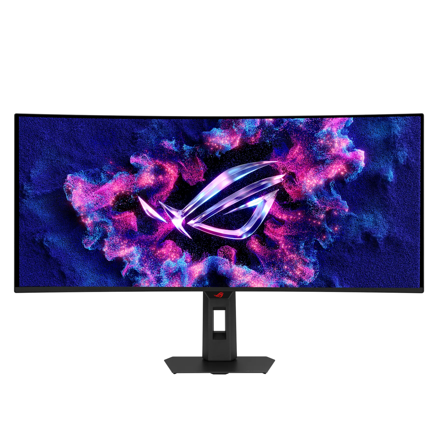 ROG Strix OLED XG34WCDMS 모니터의 화면과 받침대 정면