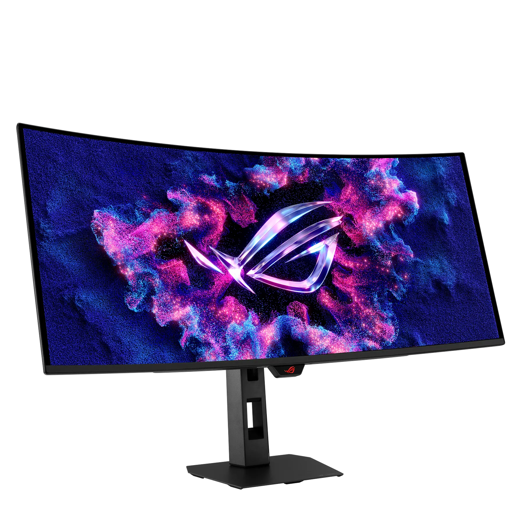 ROG Strix OLED XG34WCDMS의 곡면 화면과 받침대를 왼쪽에서 본 모습