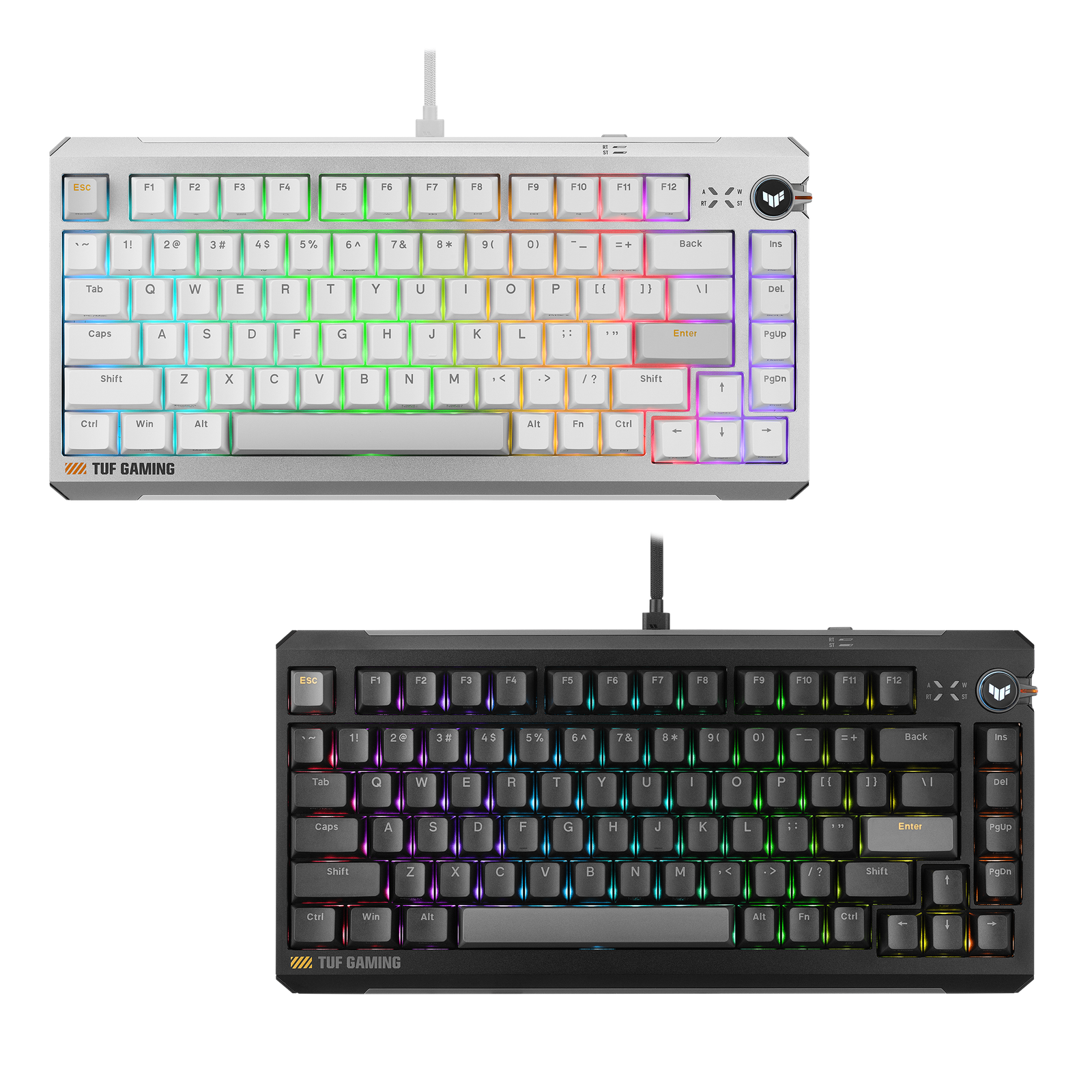 흰색과 검은색 TUF Gaming K4 Magnetic 75% 게이밍 키보드 정면