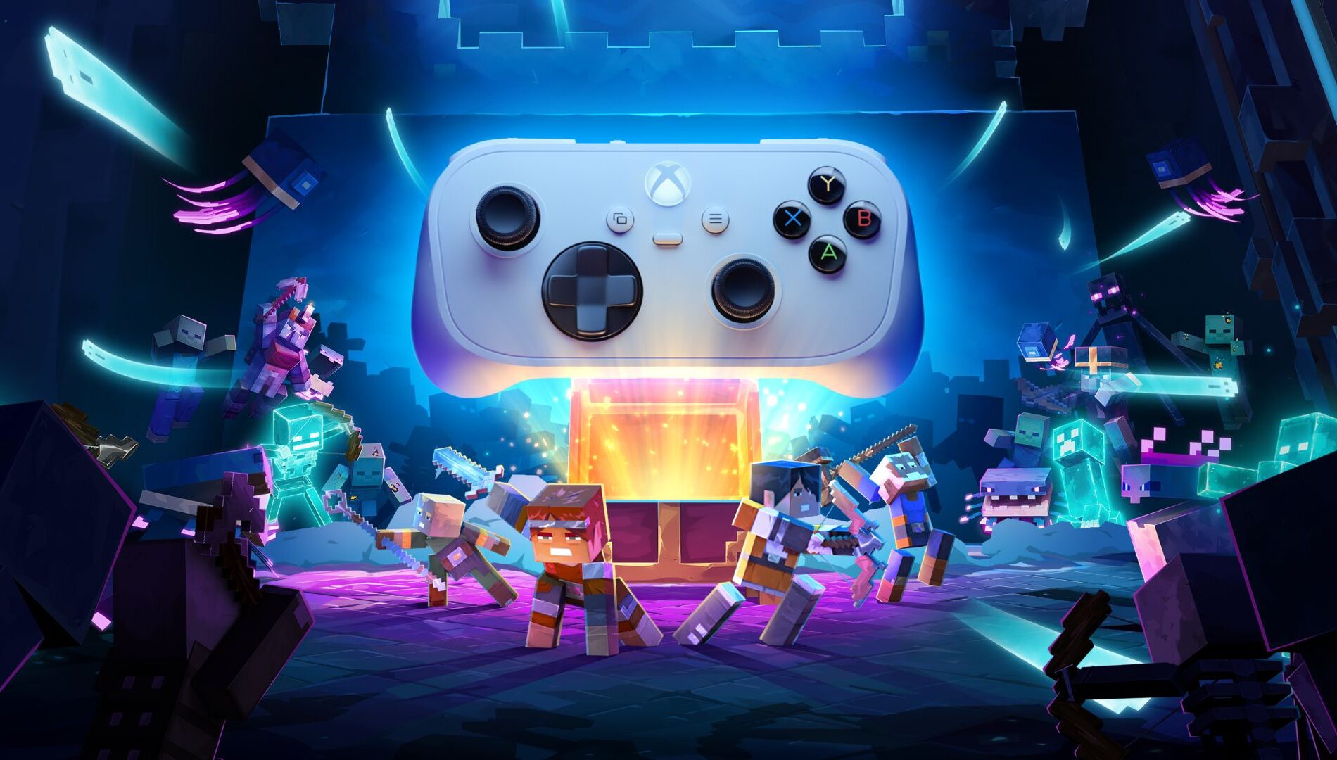Minecraft Dungeons II 배경과 함께 제시된 흰색 XBOX Nano Controller 정면