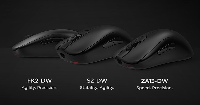 오른쪽 ZOWIE ZA13-DW, 가운데 S2-DW, 왼쪽 FK2-DW의 제조사 비교 사진